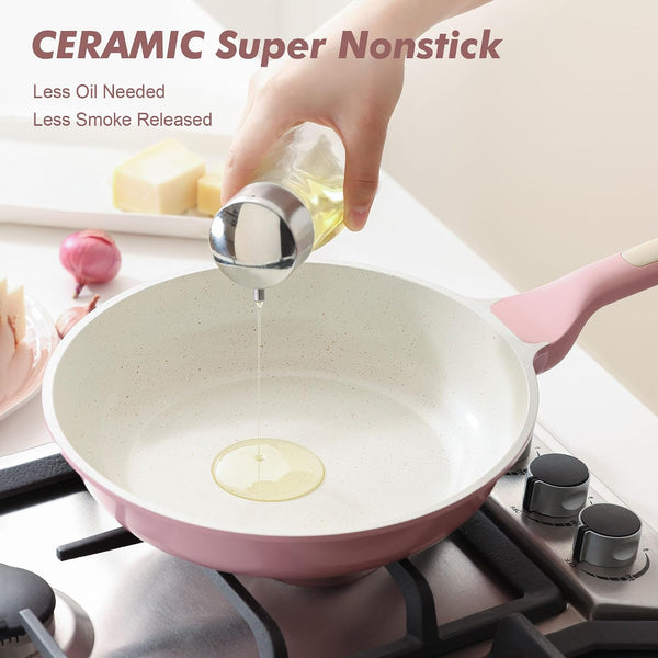 12.5In Nonstick Ceramic Frying Pan with Lid, PFAS/PTFE Free, Pink | Ceramic Omelette Pan Skillet, Healthy Non-Toxic Chef'S Pan, Induction Compatible Pan, Heat Resistant Handle5