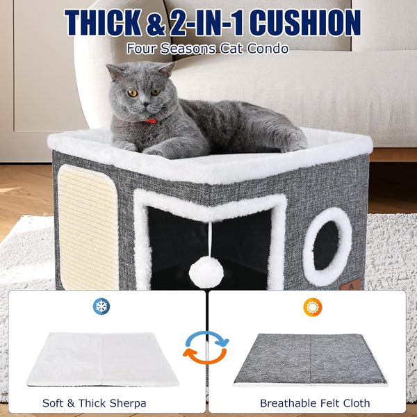 Cat Beds for Indoor Cats, Large Cat Cave Bed with Scratch Pad and Fluffy Ball, Foldable Cat Hideaway, Cat House with Reversible Cushion for Multi Small Pet up to 30LBS, Grey6