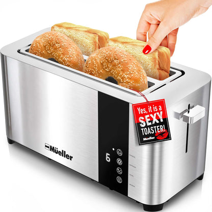 Mueller Ultratoast Stainless Steel Toaster 4 Slice – Extra-Wide 1.6" Slots | for Artisan Bread, Bagels & Frozen Waffles, 6 Browning Levels, LED Display, Cancel/Defrost/Reheat, Removable Crumb Tray1
