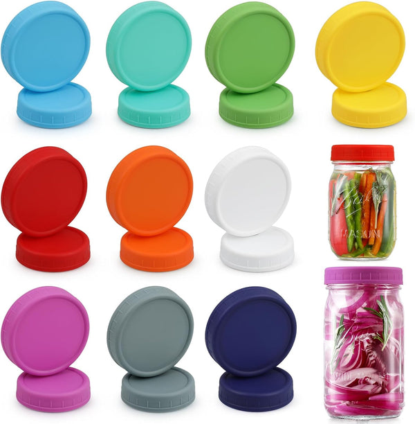 10 WIDE Mouth & 10 REGULAR Mouth Mason Jar Lids - 20 Pack Food Grade Plastic Mason Jar Caps for Ball, Kerr and More Canning Jars - Leakproof & Dishwasher Safe - Multicolor3