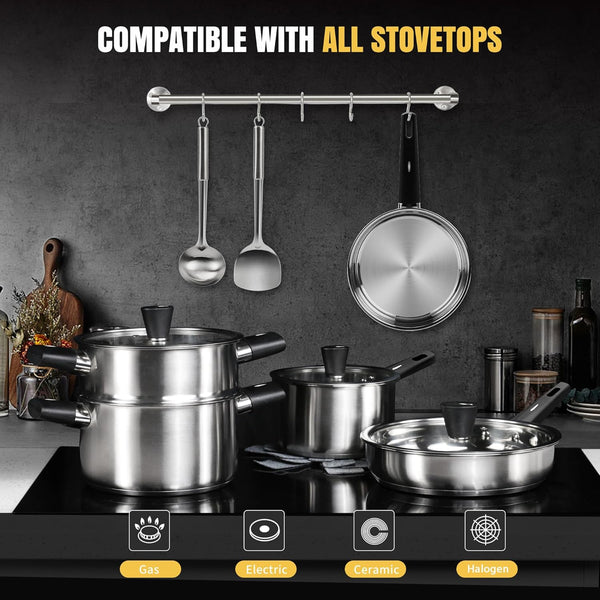 14-Piece Stainless Steel Cookware Set for Induction Stovetops – Non-Toxic Pots & Pans with Stay-Cool Handles, Glass Lids, Steamer, Pot Mats & Utensils – Dishwasher Safe Kitchen Cookware7