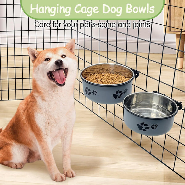 Kathson 2 Pcs Dog Kennel Crate Feeder, Stainless Steel No Spill, Hanging Metal Pet Food Bowl for Cats Small Medium Dogs (Gray)3