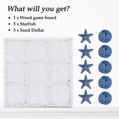 Beach Decor Tic Tac Toe 5 Sand Dollars & 5 Starfish Pieces Wood Board Travel Game for Coastal House Coffee Table Decor, Blue5