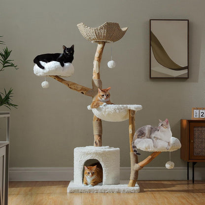 PAWZ Road 59" Modern Cat Tree, Natural Wood Cat Tower for Large Cats White | Wicker Basket Bed&2 Flower Perches for Multi-Cat, Cat Tree Tower with Large Condo&Hammock, Solid Wood Cat Tree House1