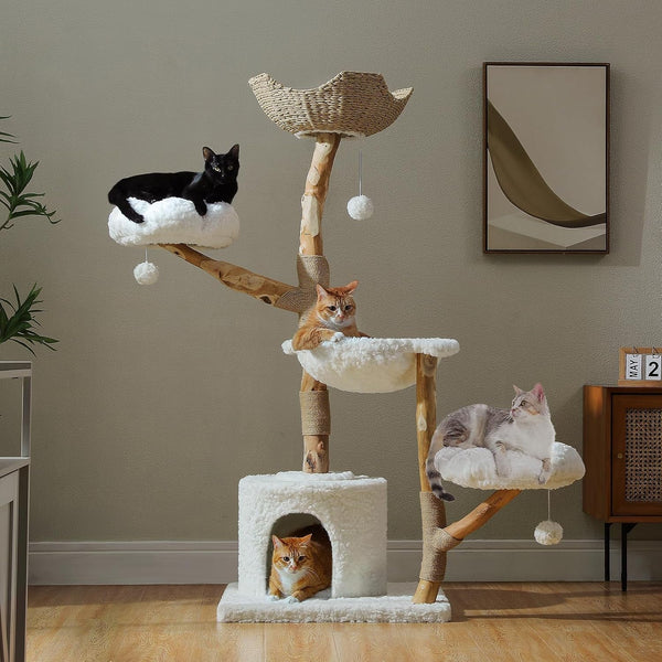 PAWZ Road 59" Modern Cat Tree, Natural Wood Cat Tower for Large Cats White | Wicker Basket Bed&2 Flower Perches for Multi-Cat, Cat Tree Tower with Large Condo&Hammock, Solid Wood Cat Tree House1