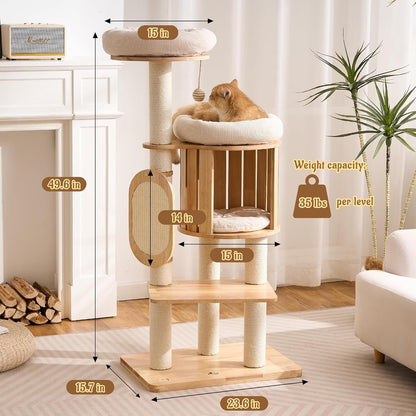 50" Modern Cat Tree for Indoor Cats Small to Medium, Solid Wood Cat Tower with Sisal Scratching Posts, Cat Scratcher Cardboard, Cozy Cat Beds & Hidden Cat Condo, Multi-Level Cat Furniture6