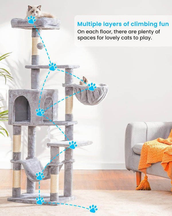 Hey-Brother Cat Tree with Large Hammock, Multi-Level Cat Tower for Indoor Cats, Cat Condo with Sisal-Covered Scratching Posts and Top Perch, Light Gray MPJ050W2