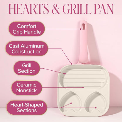 Ceramic Nonstick Divided Skillet with Heart-Shaped Sections and Grill Plate, Cast Aluminum, Dishwasher Safe, 8-Inch, Pink2