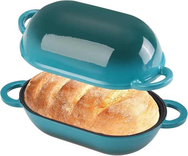 5 QT Enameled Cast Iron Sourdough Bread Oven, Loaf Pan with Lid | Oval Dutch Oven for Homemade Sourdough Bread Baking, Oven Safe up to 500°F, Meatloaf Pan with Dome Lid, Blue-Green1