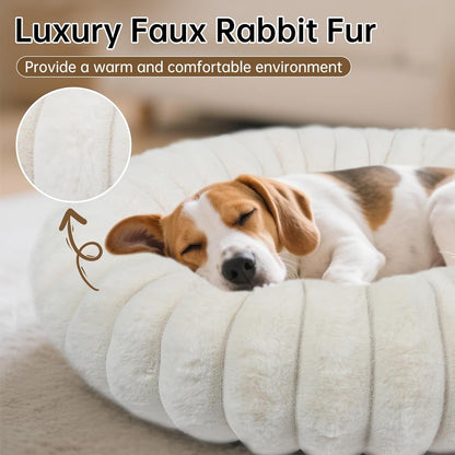 Donut Dog and Cat Bed, Luxurious Comfortable Faux Rabbit Fur Pet Beds, round Anti-Anxiety Calming Puppy Kitten Bed with Anti-Slip Bottom for Small Medium Dogs & Cats(20", White)2
