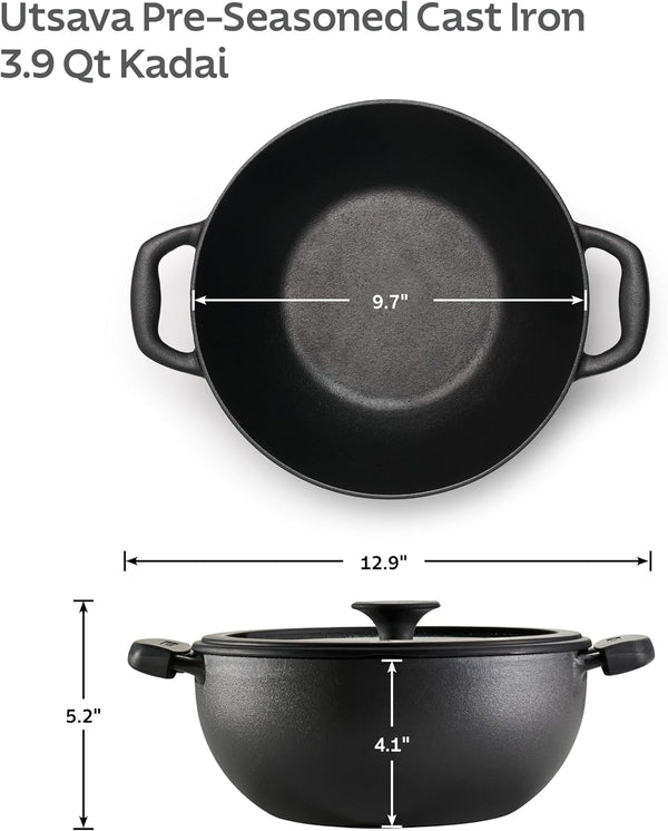 Utsava Pre-Seasoned Cast Iron 3.9-Quart Kadai with Lid | Kadhai Pot for Indian Cooking5