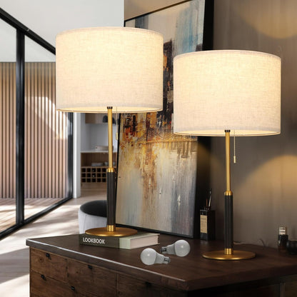 26.4" Set 2 Pull Chain Table Lamp Modern Mid Century Bedside Lamps for Living Room End Tables 3-Color Light for Bedroom, Solid Wood/Metal/Fabric Lamp for Home/Office/Desk (Light Brown+Brass)1
