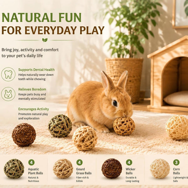 Skylety 15 Pieces Bunny Chew Balls for Rabbits, Small Animal Rolling Grass Toys and Treats for Guinea Pigs, Chinchillas, Hamsters, Mice, Teeth Grinding, Gnawing and Play(Classic Style,1.97")3