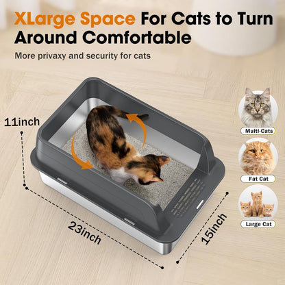 2PACK Stainless Steel Litter Box, Extra Large Litter Boxes for Big Cats, XL Metal Cat Litter Box with Lid High Sides, Anti-Urine Leakage, Non-Sticky, Scoop Included3