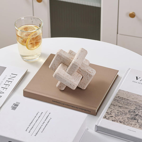 3-Link Knot Resin Travertine Decor, Coffee Table Book Shelf Decoration | Light Beige Entry Table Decor Decorative Objects, Aesthetic Accents for Boho Modern Rustic Office Living Room Home Décor4