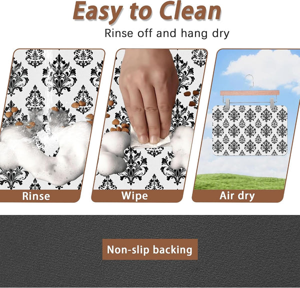 Vintage Damask Flower Dog Cat Food Mat,White Black Floral Absorbent Pet Feeding Mat for Food and Water,Non-Slip Dog Bowl Mats Floor Protector 12"X20"4