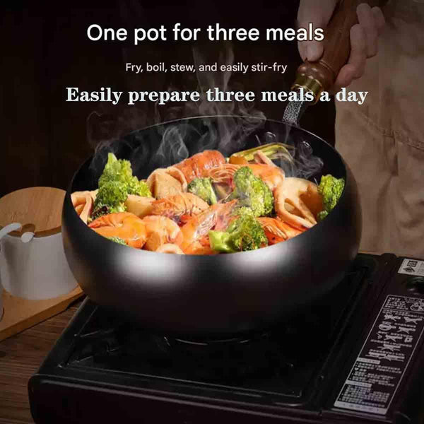 Japanese Hand-Forged Non-Stick Iron Pan without Coating Durable and Rust-Free, round Bottom Wok with Wooden Lid Lid for Cooker Gas Stir Fry Pans round Bottom (Type A,11Inch)3