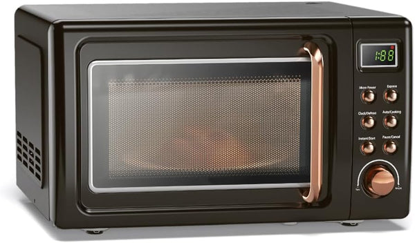 Retro Microwave 0.7Cu.Ft, 700 Watt Countertop Microwave | 5 Micro Power Defrost & Auto Cooking Function, LED Display, Child Lock, Small Microwave for Kitchen, RV, Dorm (Golden)1