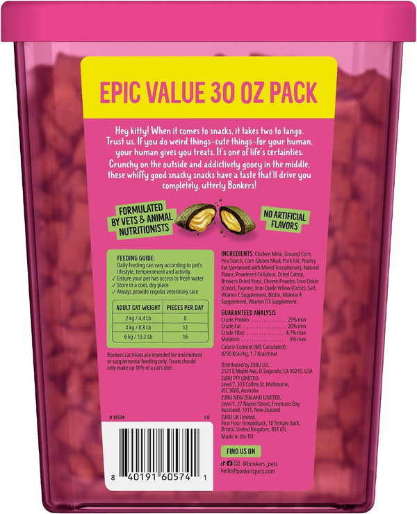 Bonkers Bites Catnip & Chick 'N' Cheddar Flavor Crunchy & Soft Treats for Cats, 30Oz Tub2