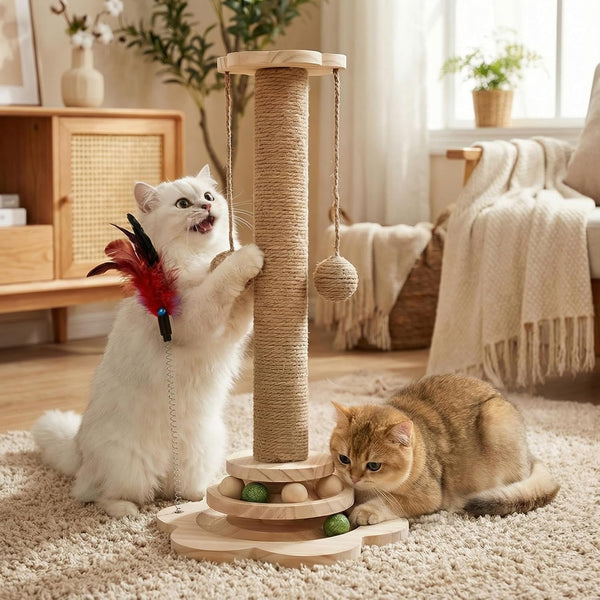 Scratching Post - 4 in 1 Cat Scratch Post, Interactive Cute Small Wooden Cat Scratcher with 2 Level Catnip Toys Balls & 2 Sisal Hanging Balls for Indoor Kitten Kitty6