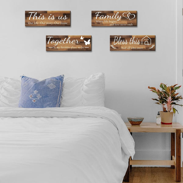 4 Pieces Home Wall Signs, THIS IS US/TOGETHER/BLESS THIS HOME/FAMILY Wall Decor for Living Room Bedroom, Rustic Wooden Farmhouse Wall Art , 4.7 X 13.8 Inch(Brown)3