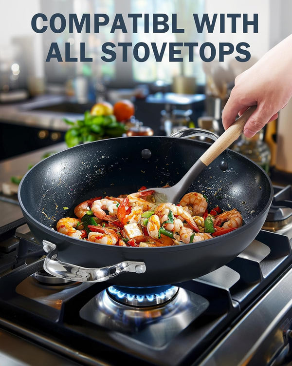 12-Inch Hard Anodized Nonstick Wok Chef’S Pan 5-Qt | Deep Stir Fry Pan with Vented Glass Lid, Dual Side Handles, Flat Bottom Wok, Works on All Stovetops, Induction Ready4