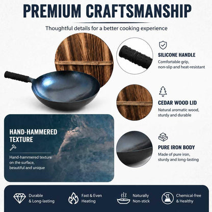 Pure Iron Nonstick Wok with Lid, 14 Inch Large round Bottom Pan | Great for Chinese Stir-Fry, Open Fire Cooking, BBQ, Grilling, Camping, Outdoor Meals & Large Family-Style Cookware2