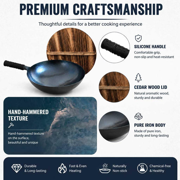 Pure Iron Nonstick Wok with Lid, 14 Inch Large round Bottom Pan | Great for Chinese Stir-Fry, Open Fire Cooking, BBQ, Grilling, Camping, Outdoor Meals & Large Family-Style Cookware2