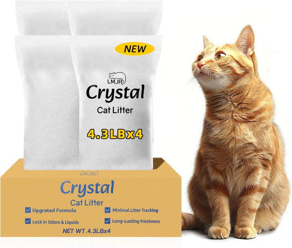 LMJP Crystal Cat Litter with Powerful Odor Control, Non-Clumping, Lasts up to 4 Months, 17.2Lb, Rapid Water Absorption, Unscented & Low Tracking Lightweight Blue & White Silica, 4 Pack of 4.3Lb11