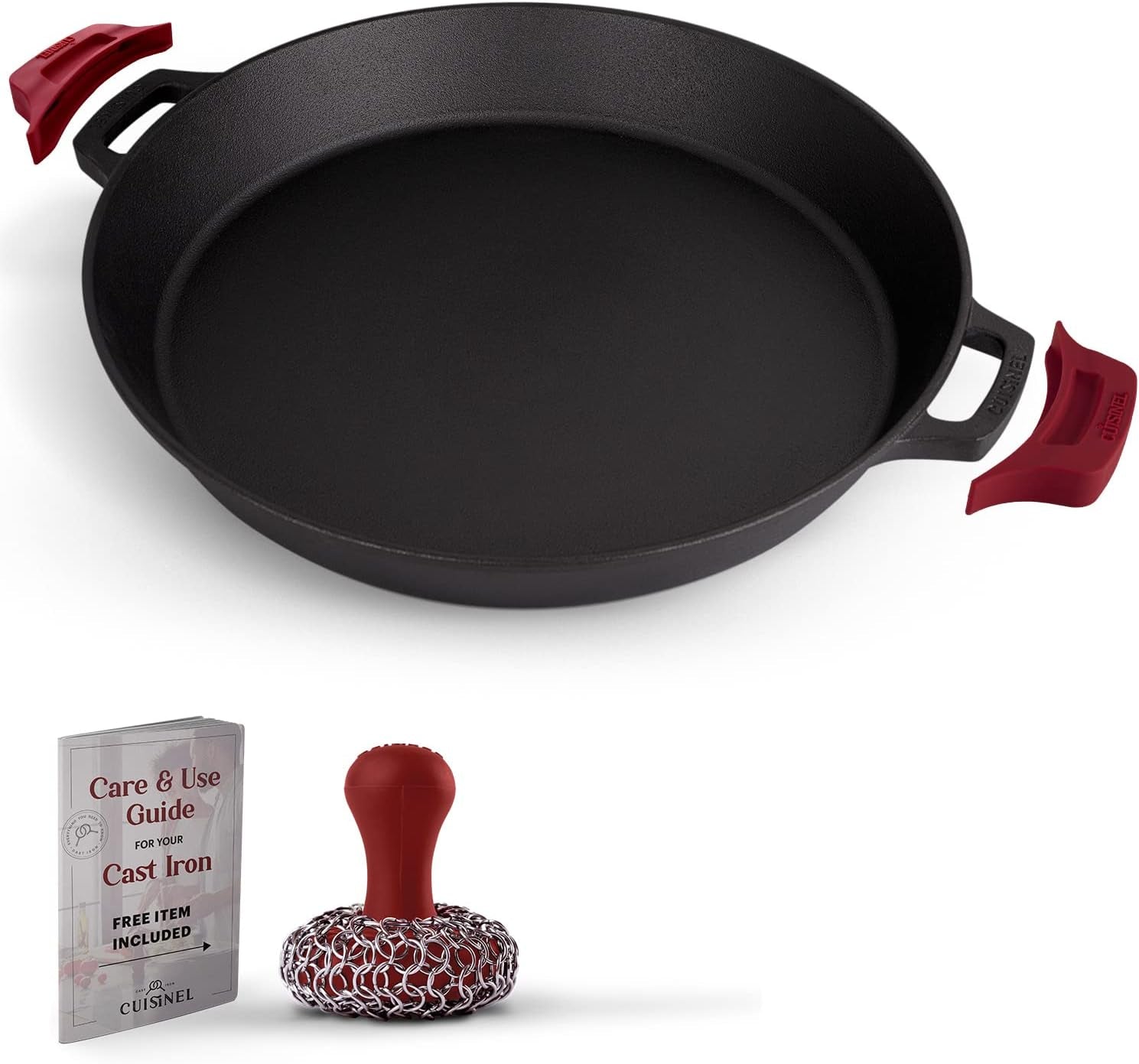 cast-iron-skillet-chainmail-scrubber-cleaner-17-inch-dual-handle-braiser-frying-pan-silicone-handle-covers-pre-seasoned-oven-grill-bbq-stovetop-fire-cookware-indoor-outdoor-use