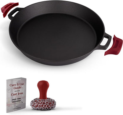 Cast Iron Skillet + Chainmail Scrubber Cleaner - 17"-Inch Dual Handle Braiser Frying Pan + Silicone Handle Covers - Pre-Seasoned Oven, Grill, BBQ, Stovetop, Fire Cookware - Indoor/Outdoor Use8