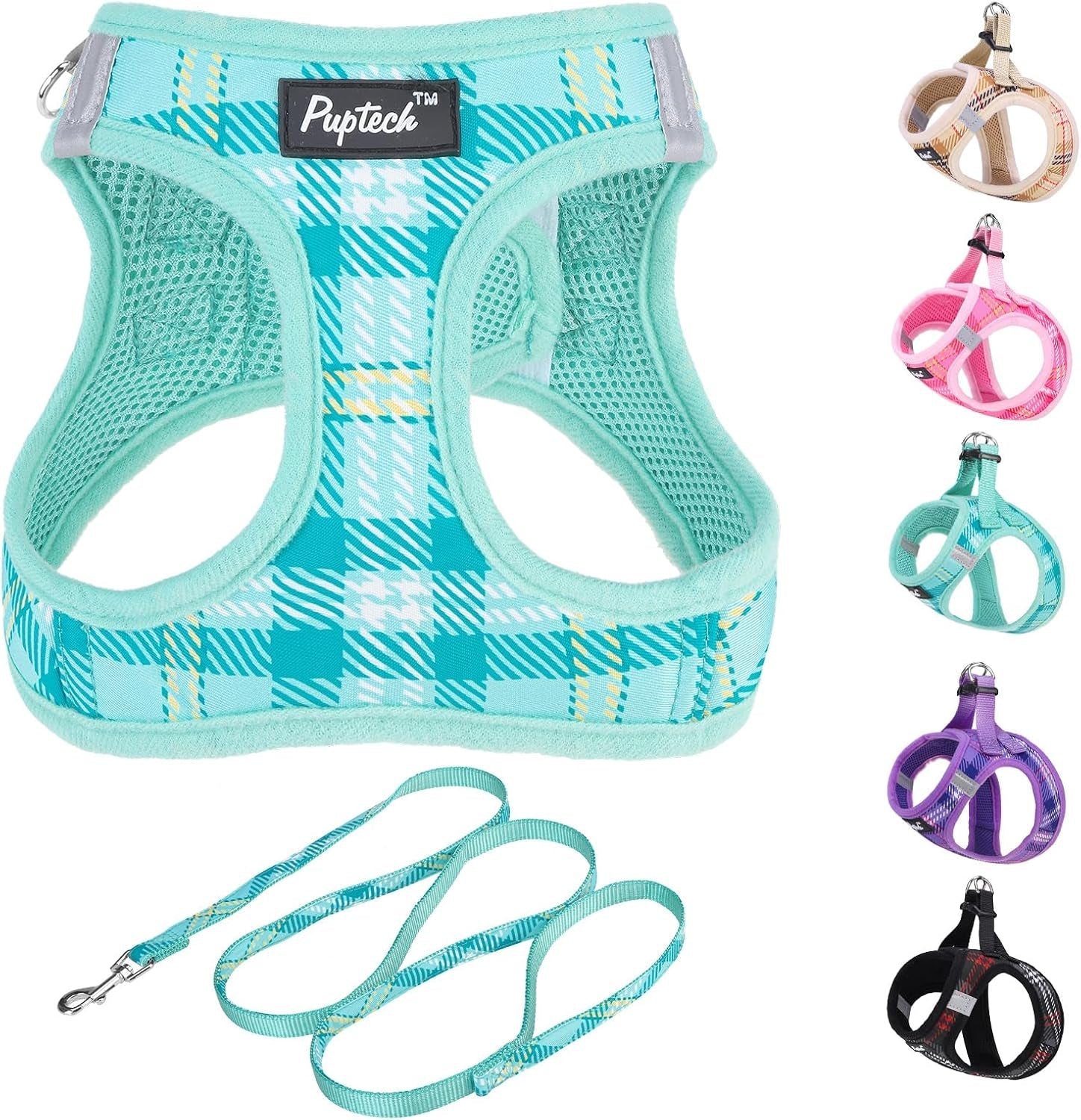 pupteck-dog-harness-and-leash-set-for-small-medium-dogs-no-pull-step-in-soft-mesh-puppy-cat-vest-harnesses-reflective-at-night-green-s
