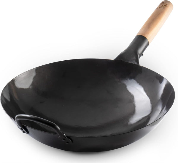 Black13 Pre-Seasoned Hand Hammered Carbon Steel Pow Wok with Wooden and Steel Helper Handle (13 Inch, round Bottom)1