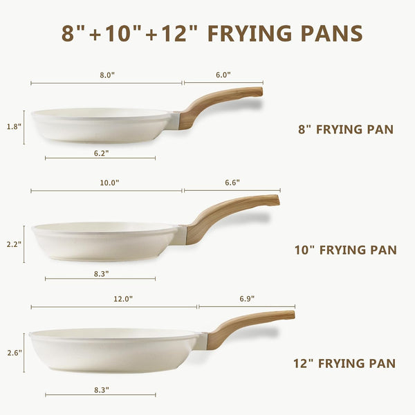 3Pcs Cream White Non Stick Skillet Set, Cream White | Non Toxic Granite Frying Pan with Heat-Resistant Handle, All Stovetops Compatible, Pfoa-Free, 8"+10"+12"2