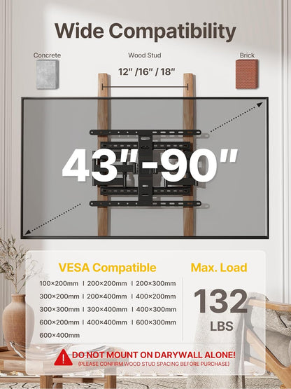 1.1-Inch Ultra Slim Full Motion TV Wall Mount for 43-90 Inch Tvs | Low-Profile Mount Holds 132 Lb at Full 16.5 in Extension; ±60° Swivel, Preassembled, Max VESA 600X400 Mm, 16/18 in Wood Studs2