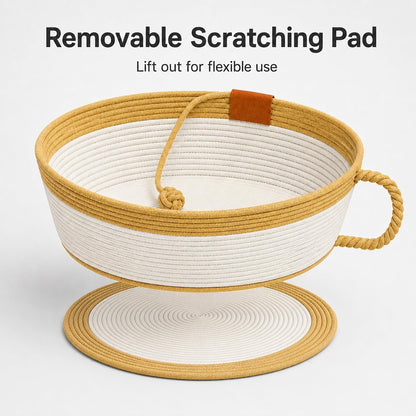 Trynellis Handwoven Cotton Rope Cat Basket Bed with Removable Scratching Pad, 2-In-1 Cat Scratcher Lounge (Large,Woven Rattan Cat Bed + Cushion)3