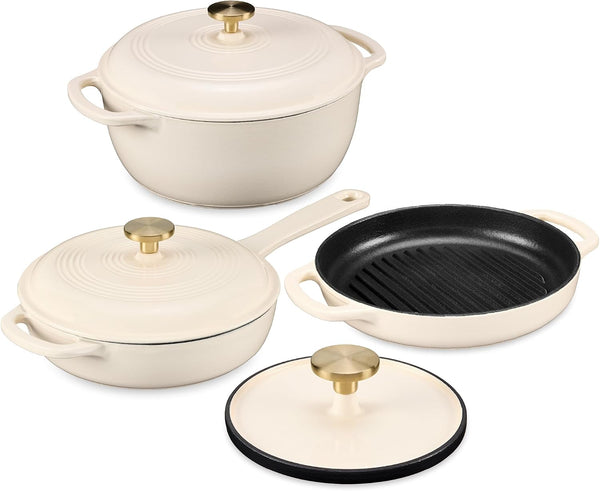 Best Choice Products 6-Piece Cast Iron Cookware Set, Ceramic Coated 6Qt Dutch Oven, 2Qt Skillet W/Lid, 10" Grill Pan W/Press, Non-Toxic, Heavy Duty, Gas/Induction Compatible, PFAS Free - Vanilla1