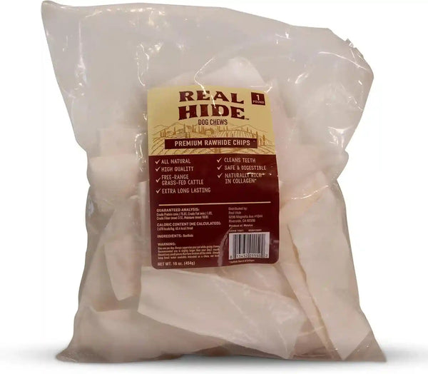 Real Hide All Natural Dog Chew Treats Rawhide Chips 1 Pound | All Natural Chew Treats, Premium Rawhide Chips, Grass Fed Free Range Beef Hide, Long Lasting, for All Dog Sizes1