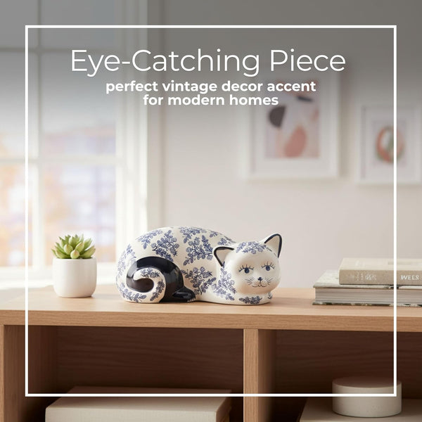 Ceramic Chinoiserie Cat Sculpture for Home Decor - Chic Ornaments for Bathroom, Office, Room and Living Room Display Styling - Sculptural Figurine for Shelf or Coffee Table Decor - 4", Blue & White4