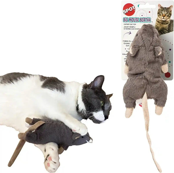 SPOT Big Mouse Bertha Cat Toy with Catnip – Lifelike Plush Mouse, Crinkle Sound, Large 7In Size, for Cuddling, Chasing, Playing – Assorted Colors1