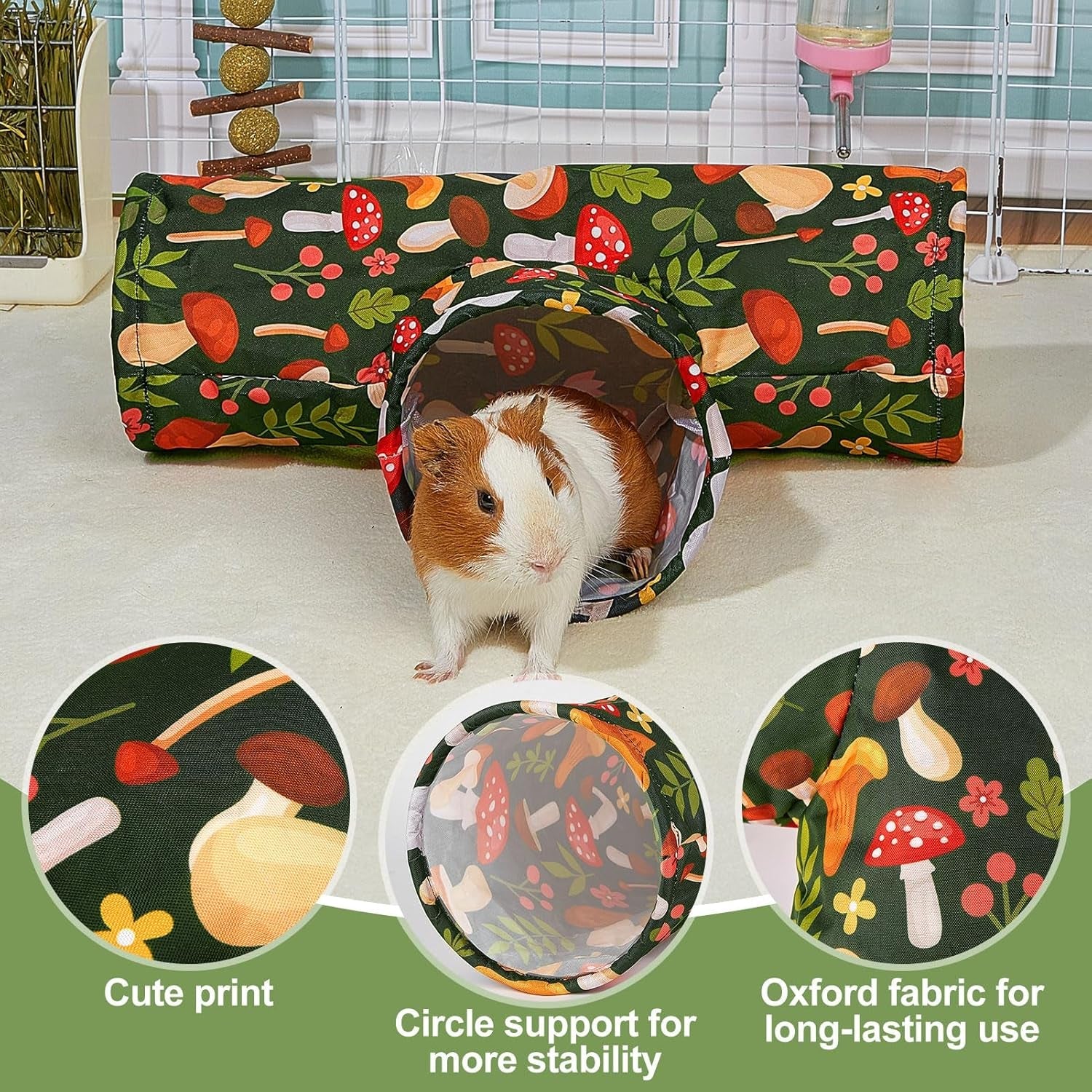 bienbee-guinea-pig-tunnel-3-way-washable-guinea-pig-hideout-foldable-rabbit-tunnel-guinea-pigs-toys-for-bunny-hamster-chinchilla-ferret-rabbit-guinea-pigs-accessories-mushroom-guinea-pig-hideout-portable-tubes-with-cute-print-high-dense-fabric-for-small-pets-hiding-resting-playing-and-exploring