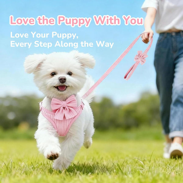 Small Dog Collar Harness and Leash Set, Dog Harness No Pull with Bowtie, Breathable Cotton Adjustable Pet Puppy Harness, Easy Walk Dog Harness, S(14–18.9")9