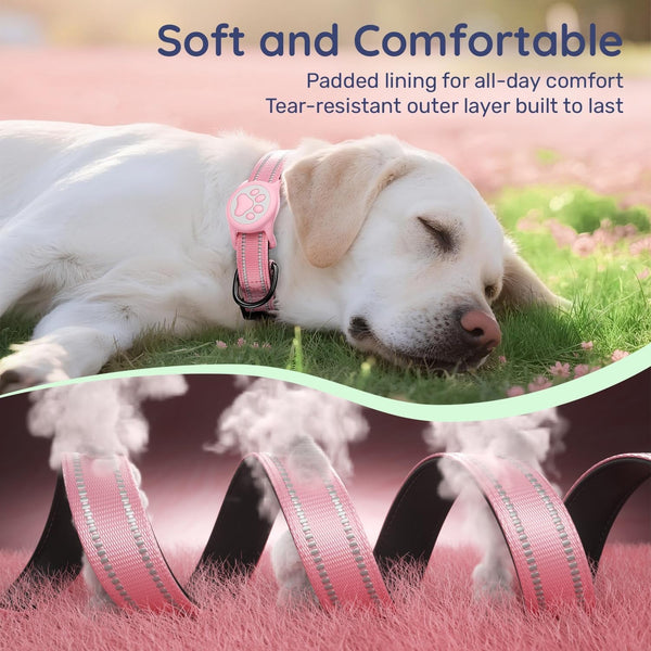 Airtag Dog Collar, Reflective Ultra-Durable Nylon Padded with QR Code Buckle & IP68 Waterproof Air Tag Holder Compatible for Apple Airtag, Comfortable for Small Medium Large Dogs(Pink,S)6