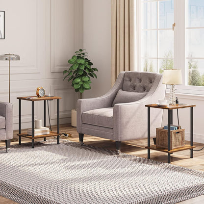 Side Table with Charging Station, Set of 2 End Tables with USB Port and Outlets, Nightstand with 2-Layer Storage Shelves for Small Spaces, Living Room, Bedroom, Rustic Brown BF09UBZP2012
