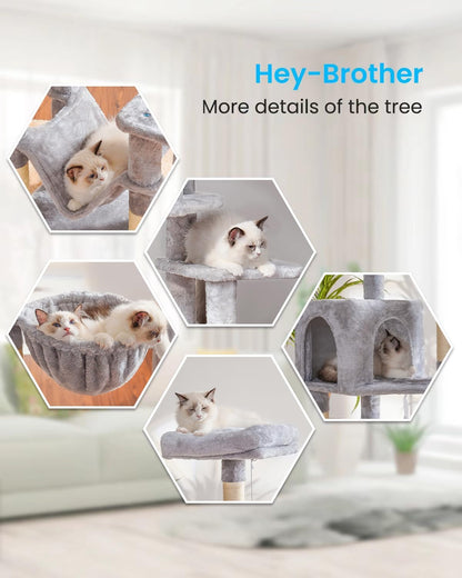 Hey-Brother Cat Tree with Large Hammock, Multi-Level Cat Tower for Indoor Cats, Cat Condo with Sisal-Covered Scratching Posts and Top Perch, Light Gray MPJ050W4