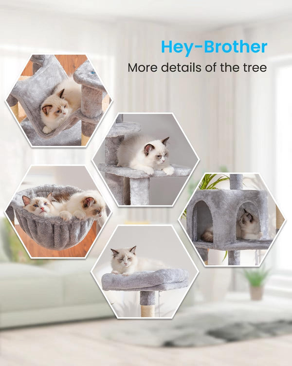 Hey-Brother Cat Tree with Large Hammock, Multi-Level Cat Tower for Indoor Cats, Cat Condo with Sisal-Covered Scratching Posts and Top Perch, Light Gray MPJ050W4