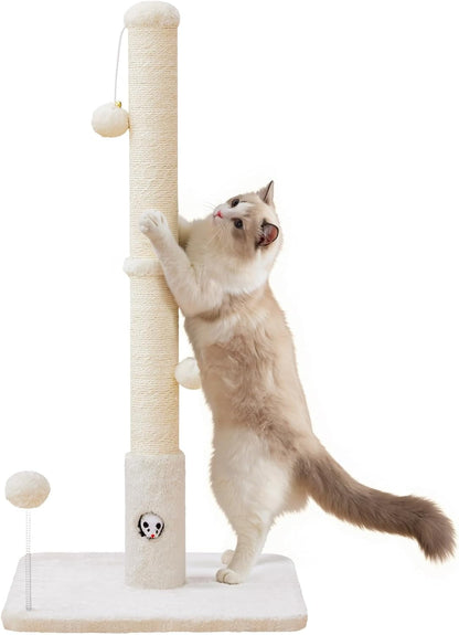 Woochpet 33"Scratching Posts for Kittens,White Sisal Cat Scratcher with Toy | Scratch Post with Mouse Hole,Cat Toys,Reinforced Stable Base,Cat Tree Tower1