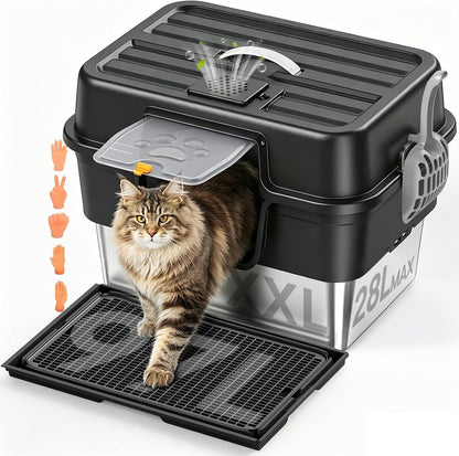Stainless Steel Enclosed Litter Box for Large Cats, XXL Covered Cat Litter Box with Lid, Leakproof High Sided Metal Cat Litter Box, Easy to Clean, Odor Resistant, Multi-Cat Home(Black)1