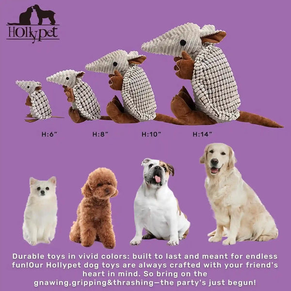 Hollypet Plush Dog Squeaky Toy Stuffed Armadillo Animal Pet Puppy Chew Toys with Clean Teeth for Small Medium Large All Breed Sizes Dogs, Gray, 8 In2