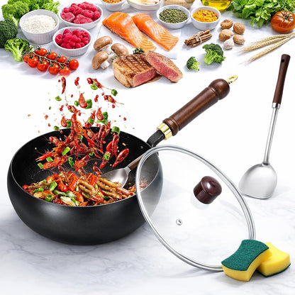 2025 New Uncoated Iron Pan, 8/10/12 in Japanese Hand-Forged Non-Stick Iron Pan without Coating, Durable and Rust-Free for Cooker Gas Stir Fry Pans round Bottom with Lid (A#,8 IN)1